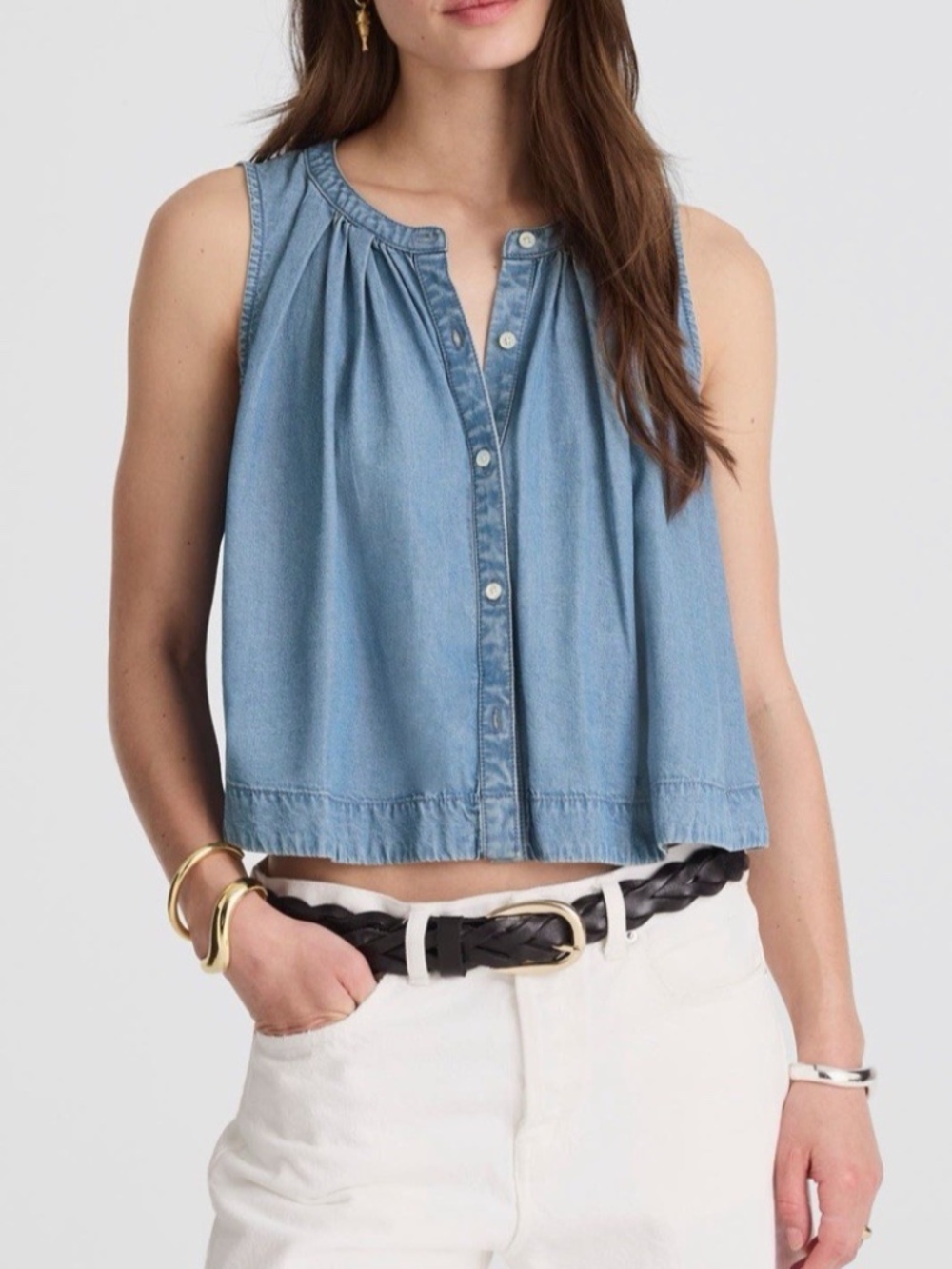 Madewell Light Blue Denim Pleated Button Up Crop Tank Top Ashbury Wash Small NEW